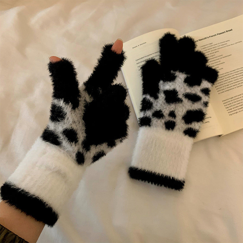 Wholesale Cartoon black and white striped fingerless gloves autumn and winter leopard print